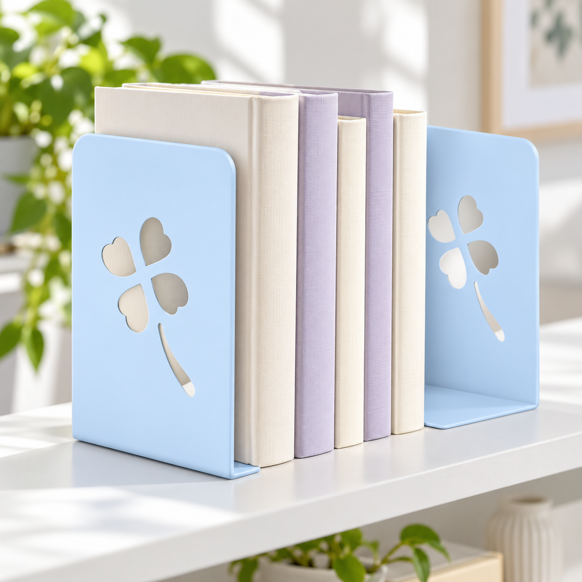 Light Blue Four-Leaf Clover Metal Bookends
