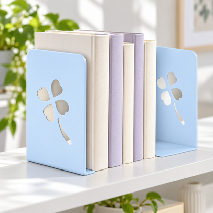 Light Blue Four-Leaf Clover Metal Bookends